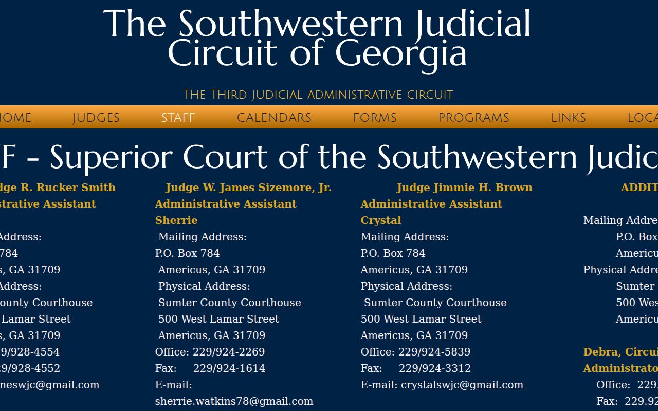 Schley County court calendar clerk and Southwestern Circuit staff directory