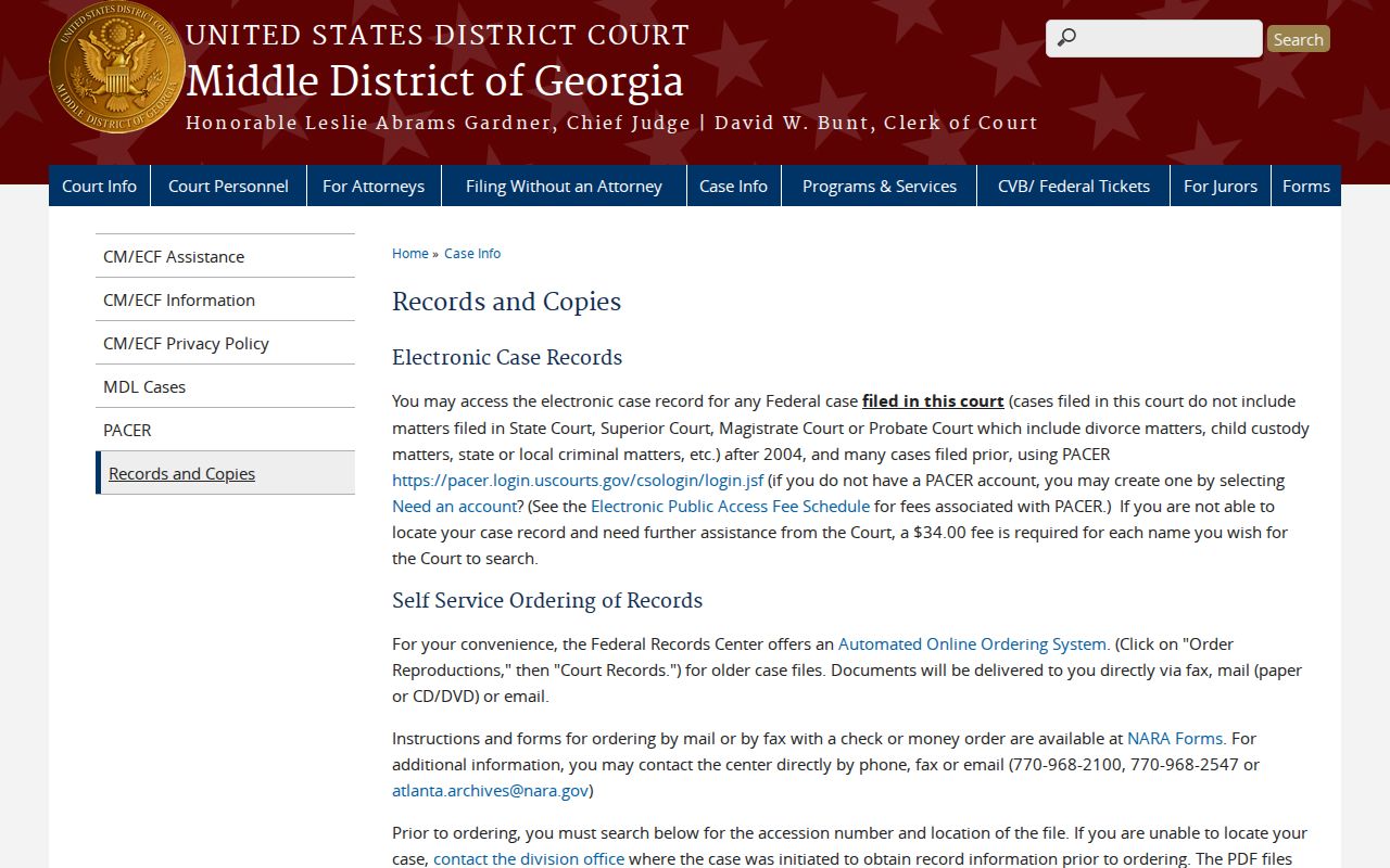 Middle District of Georgia federal records and copies procedure