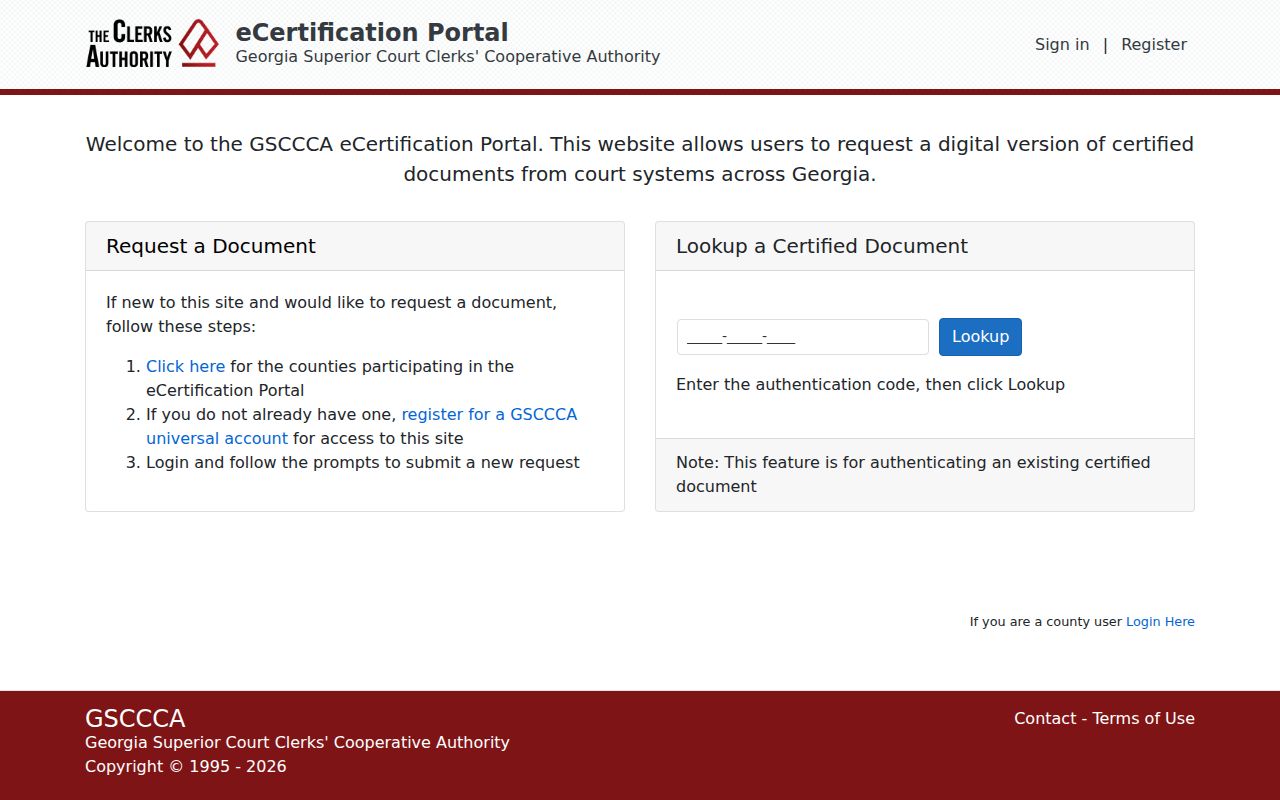 GSCCCA eCertification home page for Georgia certified court documents