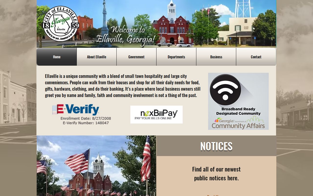 Ellaville city homepage leading to the Ellaville court docket route